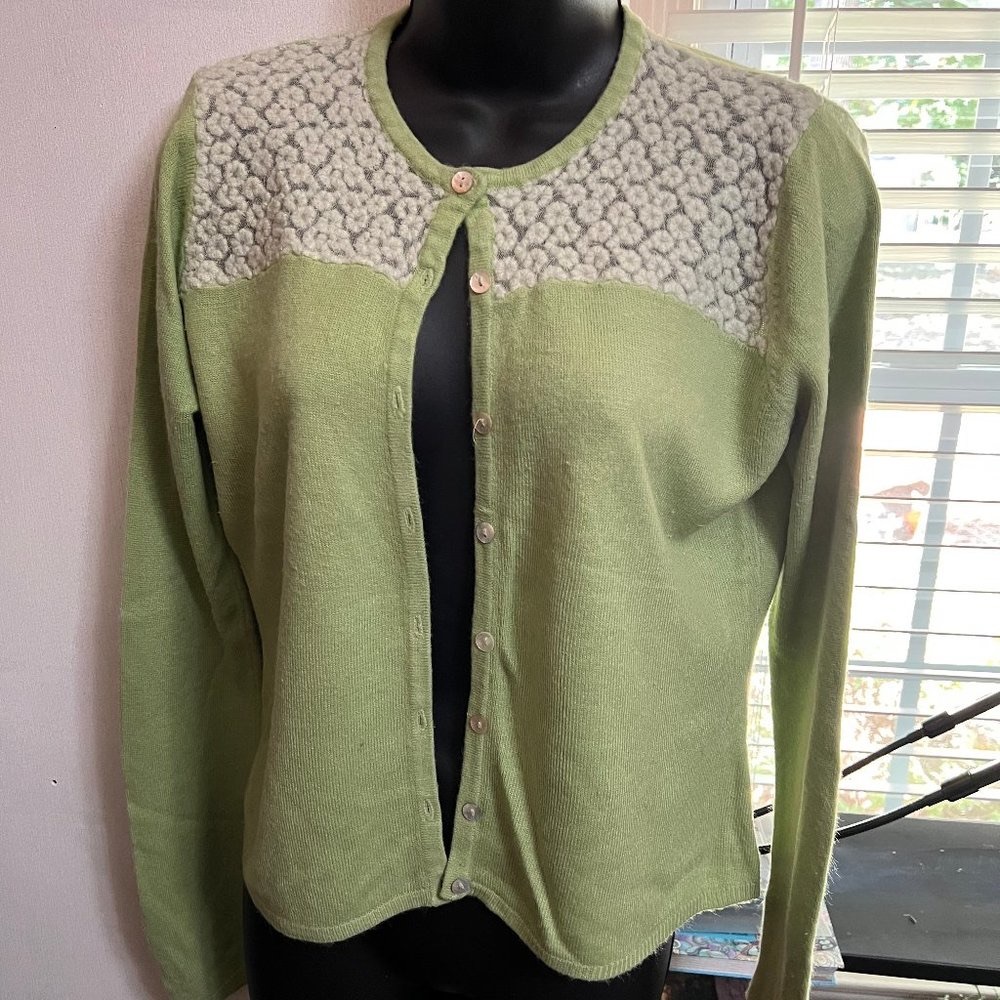 Vintage 90’s Y2K Free People Light Green Sweater Cardigan with Cream floral yoke